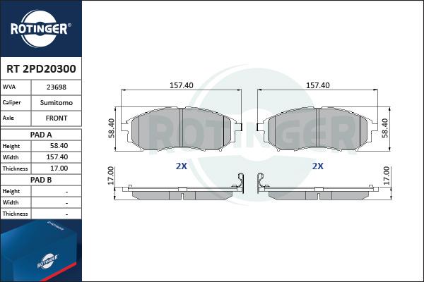 Rotinger RT 2PD20300 - Комплект спирачно феродо, дискови спирачки vvparts.bg