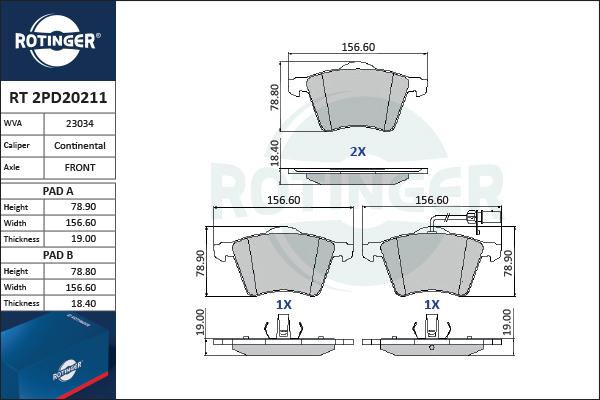 Rotinger RT 2PD20211 - Комплект спирачно феродо, дискови спирачки vvparts.bg