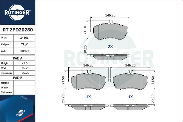 Rotinger RT 2PD20280 - Комплект спирачно феродо, дискови спирачки vvparts.bg