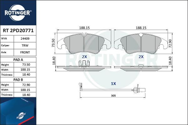 Rotinger RT 2PD20771 - Комплект спирачно феродо, дискови спирачки vvparts.bg