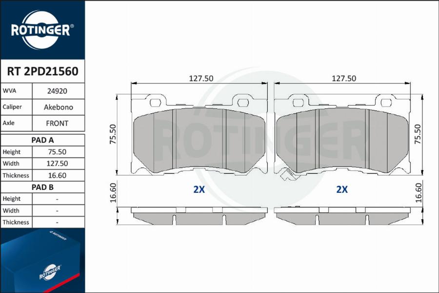 Rotinger RT 2PD21560 - Комплект спирачно феродо, дискови спирачки vvparts.bg