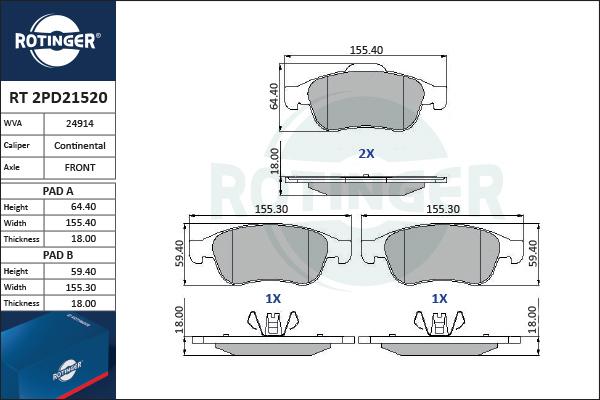 Rotinger RT 2PD21520 - Комплект спирачно феродо, дискови спирачки vvparts.bg