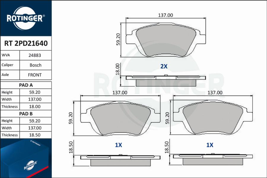 Rotinger RT 2PD21640 - Комплект спирачно феродо, дискови спирачки vvparts.bg