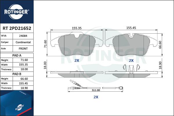 Rotinger RT 2PD21652 - Комплект спирачно феродо, дискови спирачки vvparts.bg