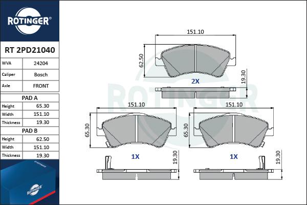 Rotinger RT 2PD21040 - Комплект спирачно феродо, дискови спирачки vvparts.bg