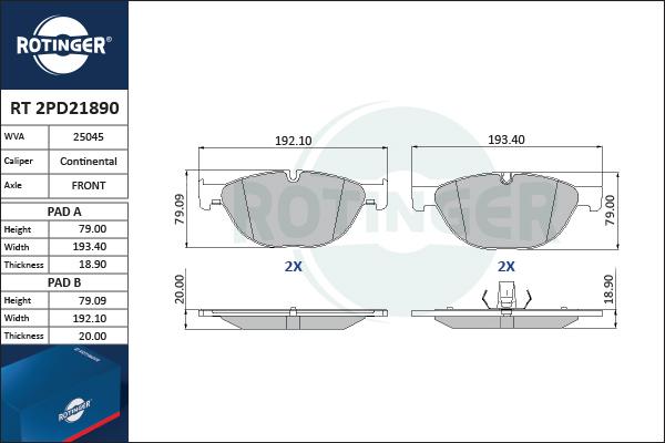 Rotinger RT 2PD21890 - Комплект спирачно феродо, дискови спирачки vvparts.bg