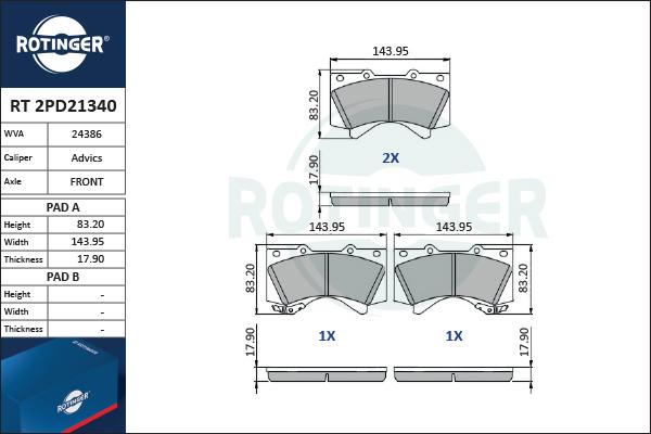 Rotinger RT 2PD21340 - Комплект спирачно феродо, дискови спирачки vvparts.bg