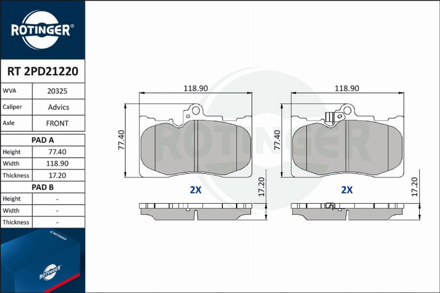 Rotinger RT 2PD21220 - Комплект спирачно феродо, дискови спирачки vvparts.bg