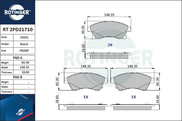 Rotinger RT 2PD21710 - Комплект спирачно феродо, дискови спирачки vvparts.bg