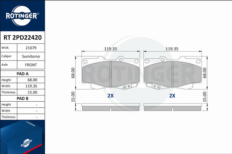 Rotinger RT 2PD22420 - Комплект спирачно феродо, дискови спирачки vvparts.bg