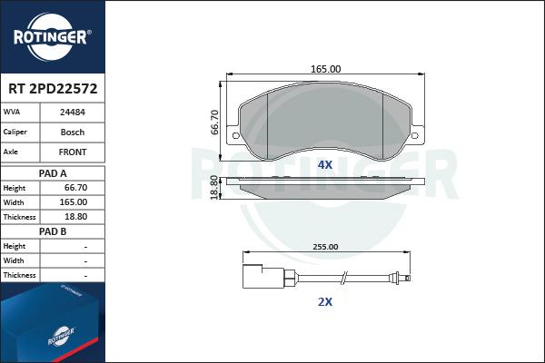 Rotinger RT 2PD22572 - Комплект спирачно феродо, дискови спирачки vvparts.bg