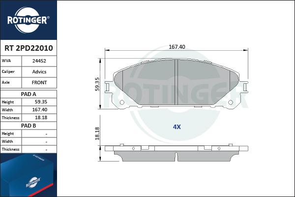 Rotinger RT 2PD22010 - Комплект спирачно феродо, дискови спирачки vvparts.bg