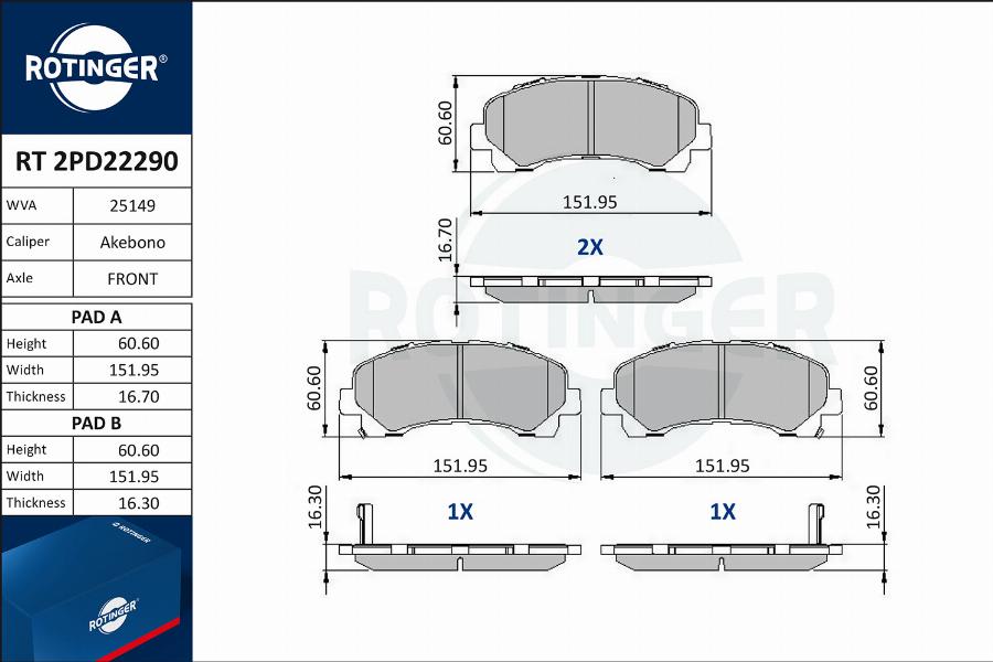 Rotinger RT 2PD22290 - Комплект спирачно феродо, дискови спирачки vvparts.bg