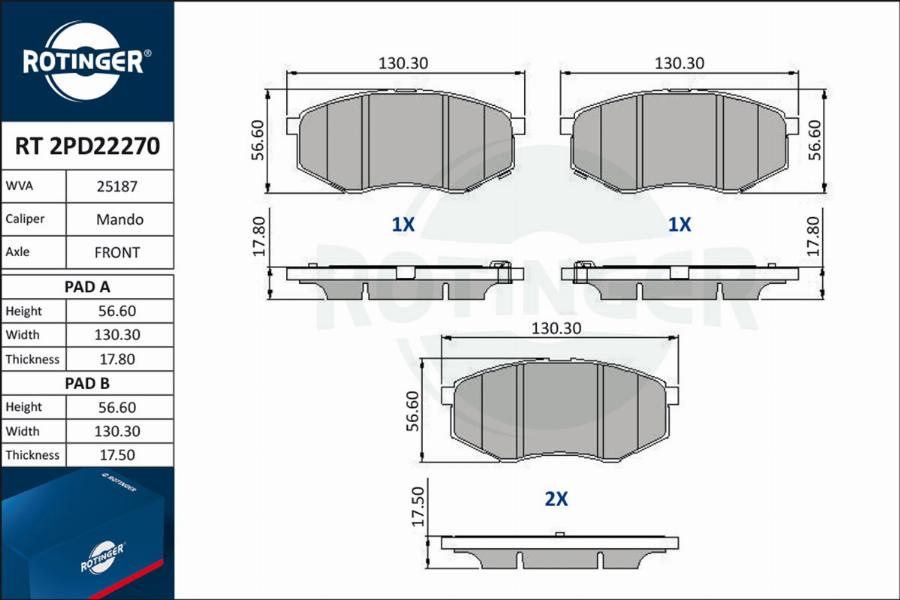 Rotinger RT 2PD22270 - Комплект спирачно феродо, дискови спирачки vvparts.bg