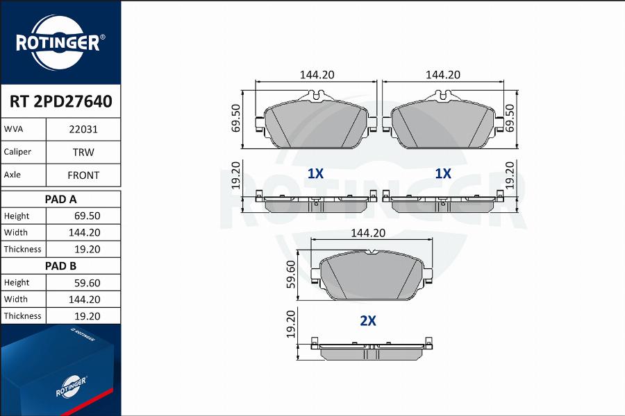 Rotinger RT 2PD27640 - Комплект спирачно феродо, дискови спирачки vvparts.bg