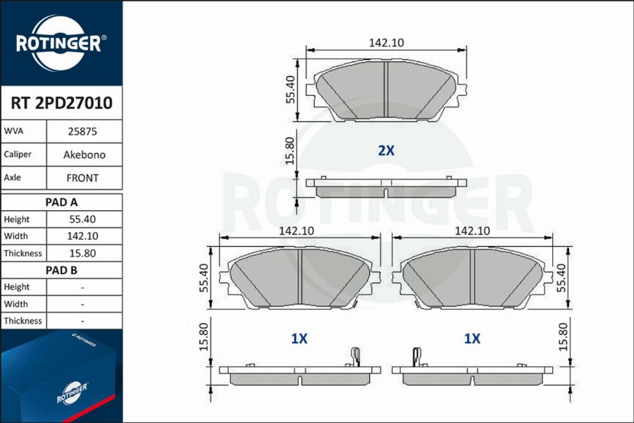 Rotinger RT 2PD27010 - Комплект спирачно феродо, дискови спирачки vvparts.bg