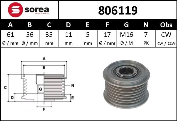 Sera 806119 - Ремъчна шайба, генератор vvparts.bg