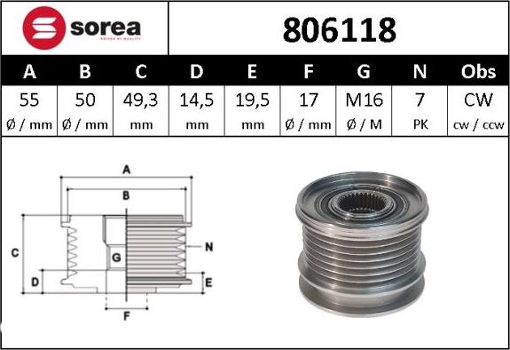 Sera 806118 - Ремъчна шайба, генератор vvparts.bg