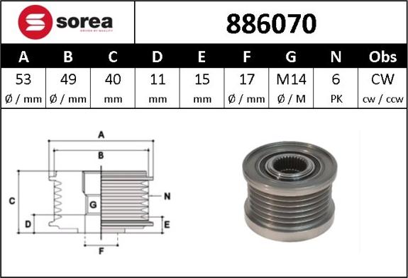 Sera 886070 - Ремъчна шайба, генератор vvparts.bg