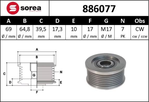 Sera 886077 - Ремъчна шайба, генератор vvparts.bg