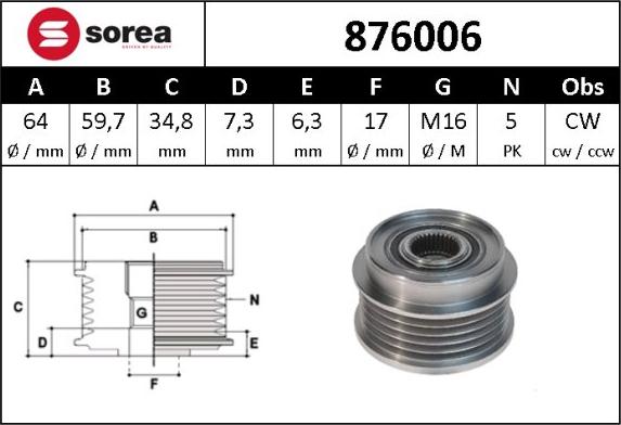 Sera 876006 - Ремъчна шайба, генератор vvparts.bg