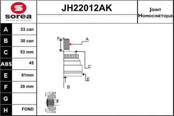 Sera JH22012AK - Каре комплект, полуоска vvparts.bg