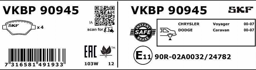 SKF VKBP 90945 - Комплект спирачно феродо, дискови спирачки vvparts.bg