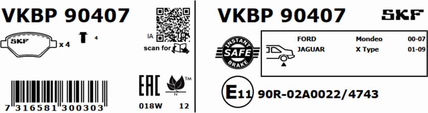 SKF VKBP 90407 - Комплект спирачно феродо, дискови спирачки vvparts.bg