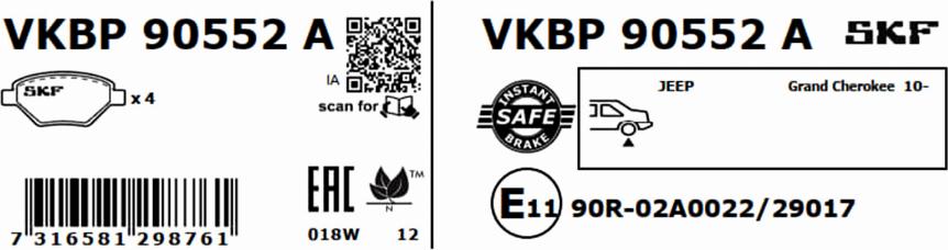 SKF VKBP 90552 A - Комплект спирачно феродо, дискови спирачки vvparts.bg