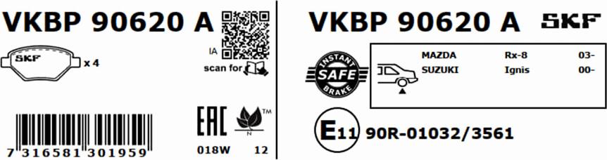 SKF VKBP 90620 A - Комплект спирачно феродо, дискови спирачки vvparts.bg