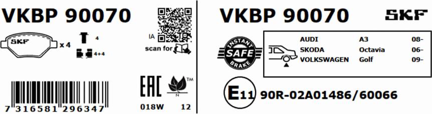 SKF VKBP 90070 - Комплект спирачно феродо, дискови спирачки vvparts.bg