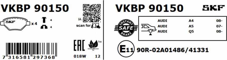 SKF VKBP 90150 - Комплект спирачно феродо, дискови спирачки vvparts.bg