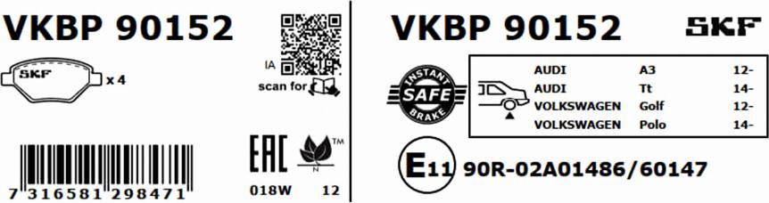 SKF VKBP 90152 - Комплект спирачно феродо, дискови спирачки vvparts.bg