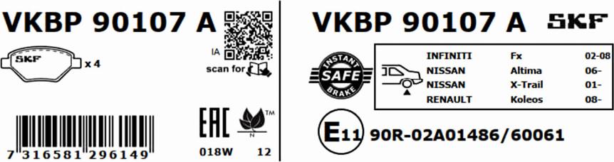 SKF VKBP 90107 A - Комплект спирачно феродо, дискови спирачки vvparts.bg