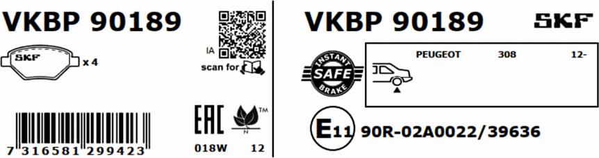 SKF VKBP 90189 - Комплект спирачно феродо, дискови спирачки vvparts.bg