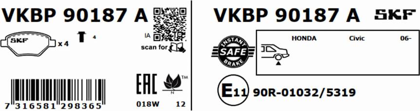 SKF VKBP 90187 A - Комплект спирачно феродо, дискови спирачки vvparts.bg