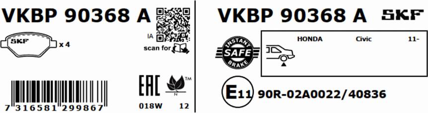 SKF VKBP 90368 A - Комплект спирачно феродо, дискови спирачки vvparts.bg