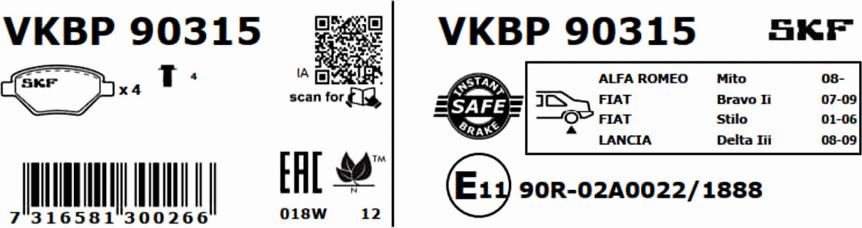 SKF VKBP 90315 - Комплект спирачно феродо, дискови спирачки vvparts.bg