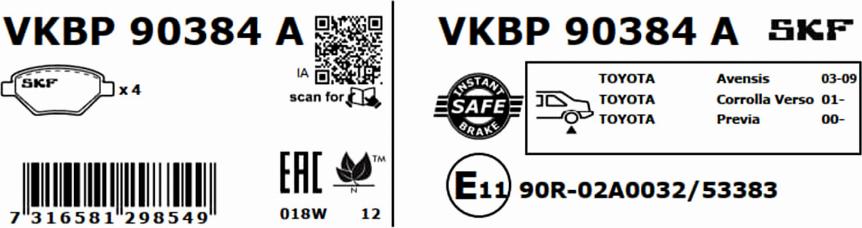 SKF VKBP 90384 A - Комплект спирачно феродо, дискови спирачки vvparts.bg