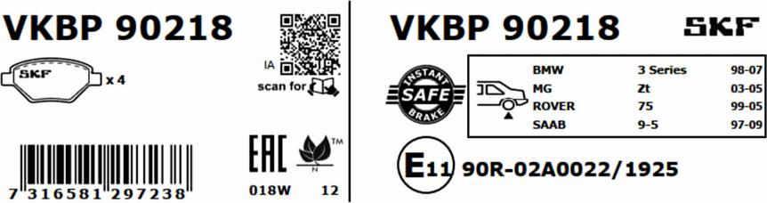 SKF VKBP 90218 - Комплект спирачно феродо, дискови спирачки vvparts.bg