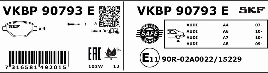 SKF VKBP 90793 E - Комплект спирачно феродо, дискови спирачки vvparts.bg