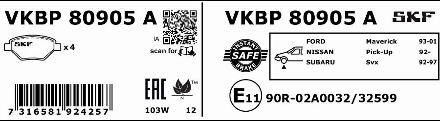 SKF VKBP 80905 A - Комплект спирачно феродо, дискови спирачки vvparts.bg