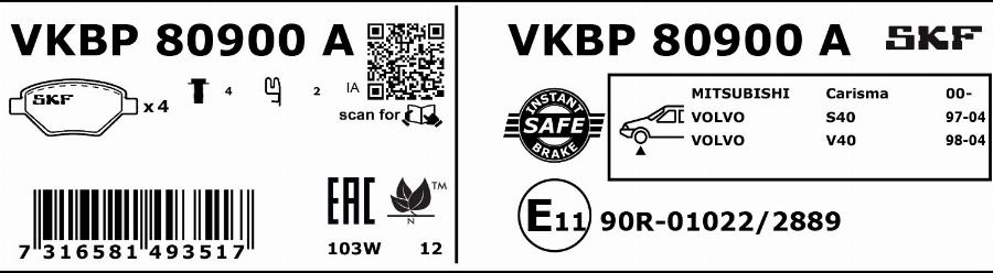 SKF VKBP 80900 A - Комплект спирачно феродо, дискови спирачки vvparts.bg