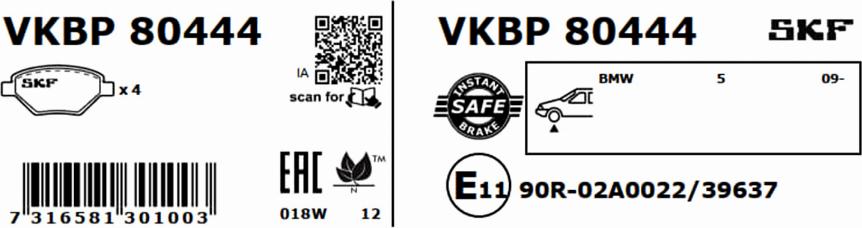 SKF VKBP 80444 - Комплект спирачно феродо, дискови спирачки vvparts.bg
