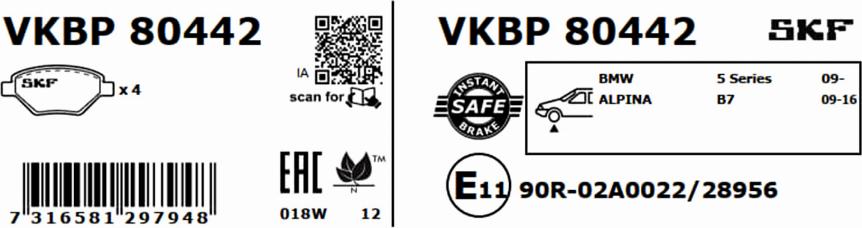 SKF VKBP 80442 - Комплект спирачно феродо, дискови спирачки vvparts.bg