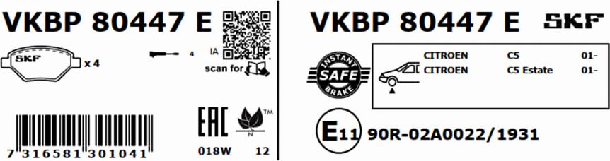 SKF VKBP 80447 E - Комплект спирачно феродо, дискови спирачки vvparts.bg