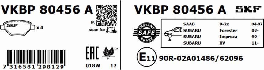 SKF VKBP 80456 A - Комплект спирачно феродо, дискови спирачки vvparts.bg