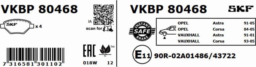 SKF VKBP 80468 - Комплект спирачно феродо, дискови спирачки vvparts.bg