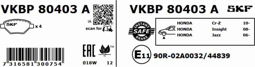 SKF VKBP 80403 A - Комплект спирачно феродо, дискови спирачки vvparts.bg