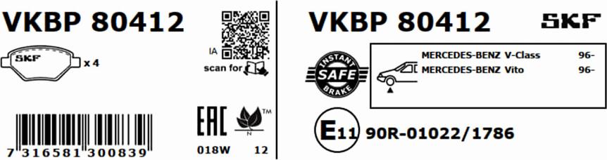 SKF VKBP 80412 - Комплект спирачно феродо, дискови спирачки vvparts.bg